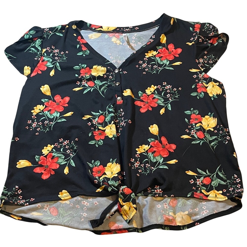 DNA Couture Floral Tie Front‎ Top Black Red Yellow V-Neck Petal Sleeve 2X